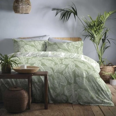Image de Fusion Housse de couette Matteo Green Leaf lit double (200 x 200 cm) Design réversible (coloris blanc et vert) feuille/feuilles vertes Parure vert sauge Collection
