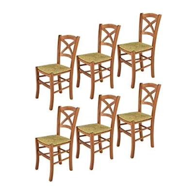 Image de t m c s Tommychairs Set 6 chaises Cross pour Cuisine, Bar et Salle à Manger, Robuste Structure en Bois de hêtre peindré Couleur Cerisier Assise Paille