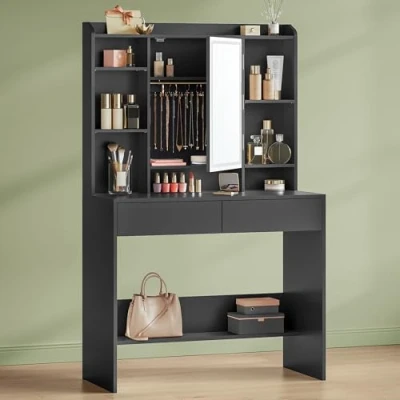 Image de VASAGLE Coiffeuse avec Miroir LED, 3 Couleurs, Luminosité Réglable, Table de Maquillage Miroir, Grand, Étagère Rangement 2 Tiroirs, Style Moderne, Noir d&#039;encre RDT123B01