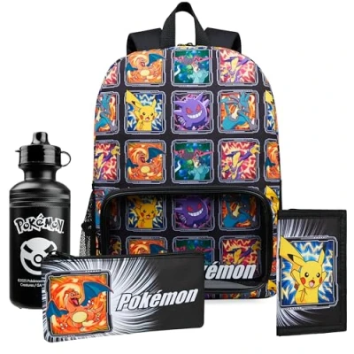 Image de Pokemon Sacs à Dos pour Enfant Set 4 Pc Bouteille d&#039;eau Sac a Trousse Lunch Isotherme ou Portefeuille Anime Fournitures Scolaires (Multi Ensemble de Pièces)