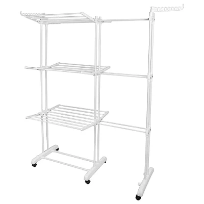 Image de Drumm échoir à Linge Pliable sur Pied,Étendoir Interieur 3 Niveaux,Étendoir avec Ailes Pliantes pour Usage Intérieur Extérieur,avec Roues