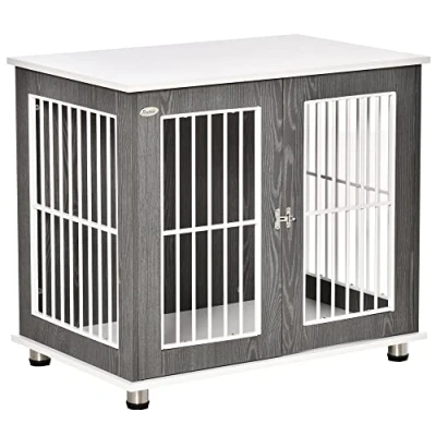 Image de Pawhut Cage pour chien en bois avec surface de table, armoire, coussin design surélevé Caisse taille moyenne Table d&#039;appoint intérieur gris + blanc 85 x 55 75 cm