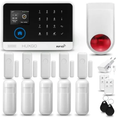 Image de HUXGO® HXA003 Alarme Maison Filaire avec Sirène sans Fil, WiFi + GSM Kit d&#039;alarme Domestique 5X détecteurs de Mouvement, capteurs Portes et fenêtres TUYA App Intelligent