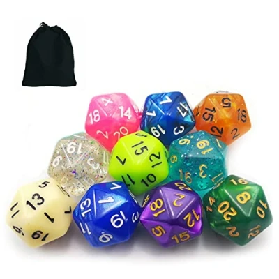 Image de Bescon 10pcs Set of 20 Sided Dice (Number 1 20), 10 Count Assorted Random Multi Effected&amp;Colored Pack D20 in Drawstring Pouch