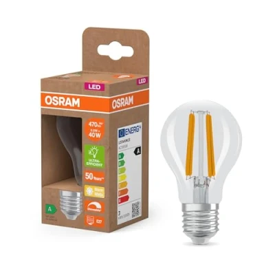 Image de OSRAM de classe énergétique en forme d&#039;ampouclassique, 2,2 W / 470 lm, EEK A, lumière blanc chaud (2700 K), CRI 80, verre transparent sans plomb, culot E27, IP20, diamètre 60 mm, dimmab.