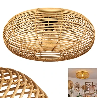 Image de plafonnier Mulstrand, rond en bambou/métal naturel/noir, luminaire au design boho avec un superbe effet lumineux grâce à l&#039;aspect grillagé, 1 flamme, x E27, Ø 50 cm, sans ampoules