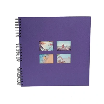 Image de Exacompta Réf. 15118E Album photos à spirales MILANO 360 60 pages noires format 32 x cm couverture en papier violet effet textile fenêtre de personnalisation certifié FSC