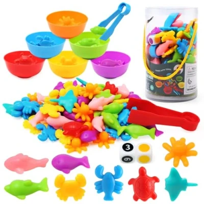 Image de LEADSTAR Jeux Montessori 2 3 4 5 Ans Enfants, 56 PCS Jouet pour Comptage et Tri, Jeu de Tri Motricité Fine Jouet, Animaux Marins Educatif Enfants avec gobelets, dés Pinces