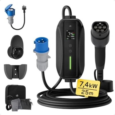 Image de Chargeur Voiture Electrique P17 [7,4kW, 1 Phase, 25m, 6A/10A/16A/20A/24A/32A] dé Type 2 Prise CEE EV Station de Charge Mobile/Wallbox avec écran Numérique