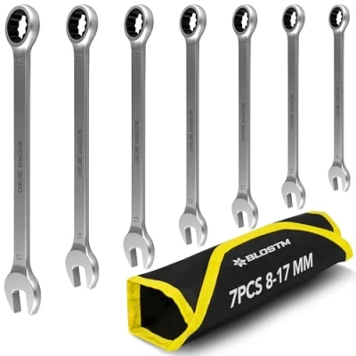 Image de BLOSTM Jeu de 7 clés mixtes à cliquet (8 mm 17 mm), pour réparation voitures et vélos, avec pochette rangement enroulable