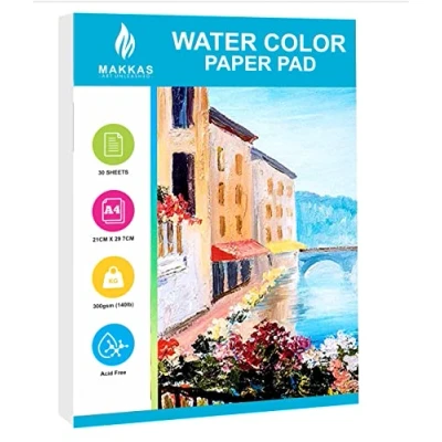 Image de Makkas A4 Watercolor Paper Pad 30 Sheets 300gsm Student Quality Cotton Blend Cold Pressed, Acid Free Sketchbook