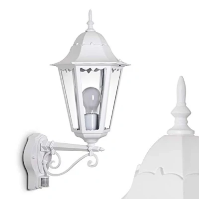 Image de Applique d&#039;extérieur Hongkong, détecteur de mouvement, lampe murale en haut dans le look antique, fonte d&#039;aluminium blanc, vitre transparente, pour terrasse/cour, E27, rétro/vintage, sans ampoules