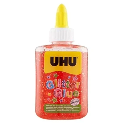 Image de UHU Glitter Glue Idéale loisir créatif, formule adaptée pour les enfants, lavable, rouge, bouteille de 88,5ml