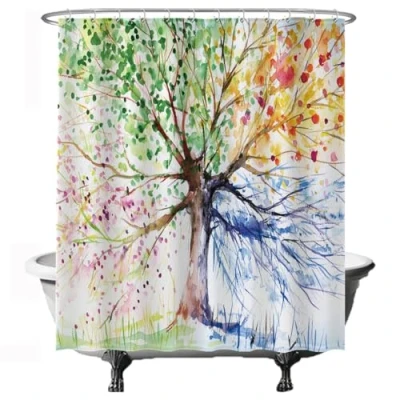 Image de Ulticool Rideau de Douche Arbre Vie 4 Saisons Aquarelle 180x200 cm Lavable Anti Moisissure Imperméable avec 12 Anneaux Vert Bleu Jaune Rouge