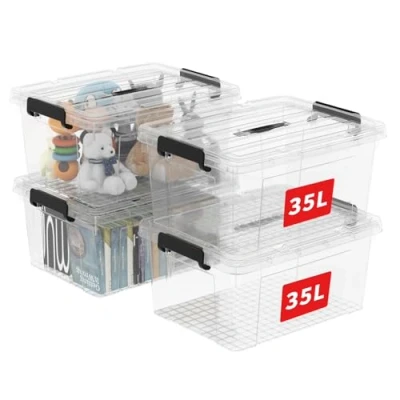 Image de Cetomo 35L * 4 boîte de rangement en plastique, fourre tout, récipient d&#039;organisation avec couvercle durable et boucles verrouillage sécurisées, lot 4, transparent boucle noire