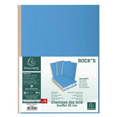 Image de Exacompta Réf. 416002E Paquet de 10 chemises rigides à soufflet dos toilé ROCK&#039;&#039;S 320 g/m² 30 mm certifiées PEFC™ dimensions 24 x 32cm pour documents format A4 couleur bleu