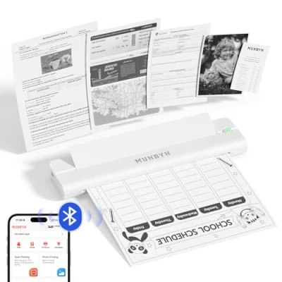 Image de MUNBYN ITP02 Imprimante Thermique A4, Bluetooth Portable sans Fil pour Le Voyage, Compatible avec Les Téléphones et Ordinateurs Portables Android iOS, Petite Imprimante, Blanc