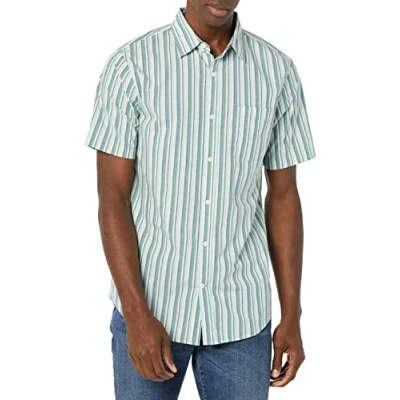 Image de Amazon Essentials Chemise en Popeline à Manches Courtes Coupe Ajustée Homme, Bleu des Mers du Sud Blanc Rayures Verticales, M