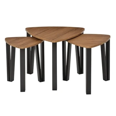 Image de HOMCOM Ensemble de 3 Tables Basses gigognes encastrables Style Industriel piètements métal Noir en épingle Plateaux Aspect Bois Noyer