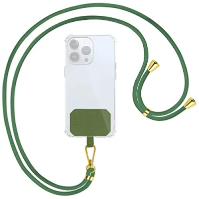 Image de mtb more energy® Chaîne universelle pour téléphone portable Vert forêt Pièces métalliques de couleur or Compatible avec nombreuses coques Cordon à accrocher autour du cou