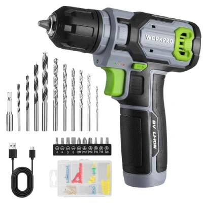 Image de WORKPRO Perceuse Visseuse Sans Fil 8V, Devisseuse Gris Vert, Accessoires 53 Pièces, avec Mandrin 10mm, LED Lumière, Câble de Charge Type C, pour Réparation Maison DIY