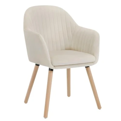 Image de WOLTU 1 X Chaise de Salle à Manger en Velours Surface Pieds Bois Massif,Chaise Relax Salon Crème Blanc BH95cm