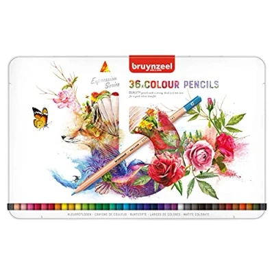 Image de BRUYNZEEL Expression Set de 36 crayons couleur dans une boîte en étain pour le dessin, les livres coloriage adultes, Bullet Journaling