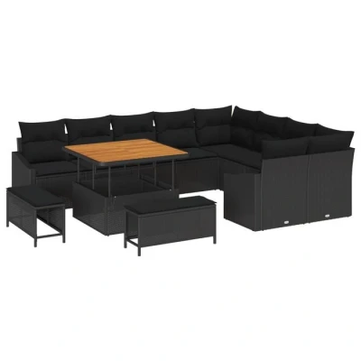Image de Ensemble de 12 pièces Canapé jardin avec coussins en rotin synthétique noir, 2 places rangement 3364634
