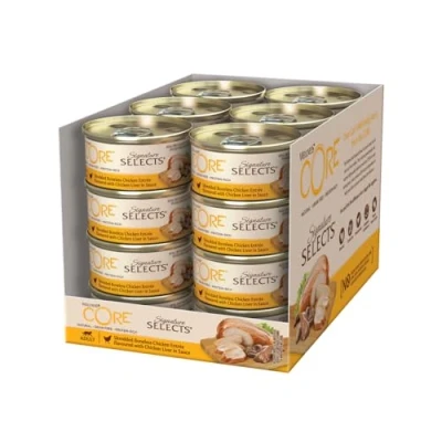 Image de Wellness Core Signature Selects, Pâtée pour Chat, Naturelle et Sans Céréales, Effilochés de Poulet/Foie Poulet en Sauce, 24 x 79 g