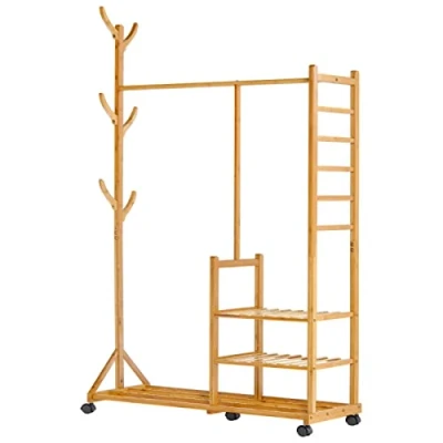 Image de Yorbay 4 en 1 Portant Penderie à Vêtements Bambou, avec Porte Manteau sur Le Côté Design Arbre des Crochets, 3 Etagères de Rangement, Roues Universels (Bambù)