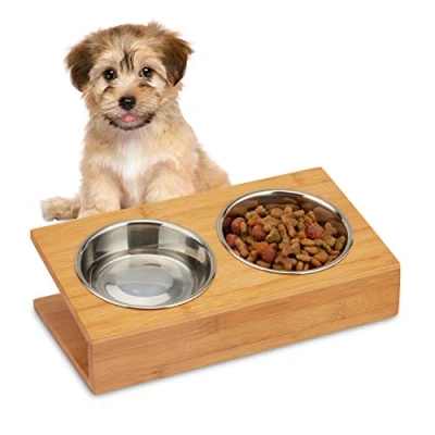 Image de Relaxdays 10028852_59 Gamelle, Chats &amp; Petits Chiens, pour l’Eau la Nourriture, écuelle inclinée, HLP 10 x 33,5 18 cm, Naturel, Bambou, INOX, Nature, 1 élément
