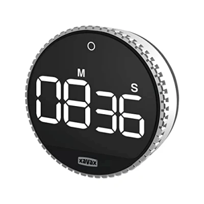 Image de Xavax Minuteur &#039;Rotation&#039; (Timer numérique, Ecran LED, Chronographe, Compte à Rebours, Touche Tactile, 3 volumes, Mode Economie Energie) Argenté/Noir