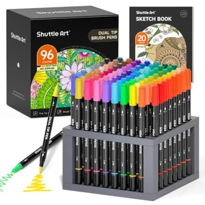 Image de Shuttle Art Dual Brush Pen, 96 Couleurs Set de Feutres Pinceux à Double Pointe,Feutres Coloriage avec 1 Livre pour Peinture,Calligraphie,Journal