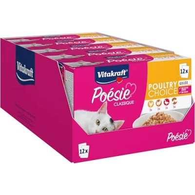 Image de Vitakraft Posie Repas en gele pour chat Assortiment la viande : poulet, dinde, canard et volaille Recette sans crales ni sucres ajouts (Lot de 5 botes 12 sachets)