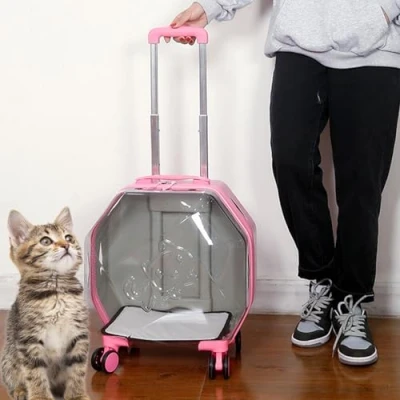 Image de sac de transport transparent à bulles pour animaux compagnie avec roulettes, respiration libre, léger et rigide tapis, roulant chats chiens, approuvé