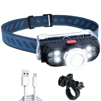 Image de Lampe frontale LED rechargeable 1000 lumens 7 modes avec voyant d&#039;avertissement rouge étanche pour la course, le jogging, pêche, camping, cyclisme, randonnée, travail