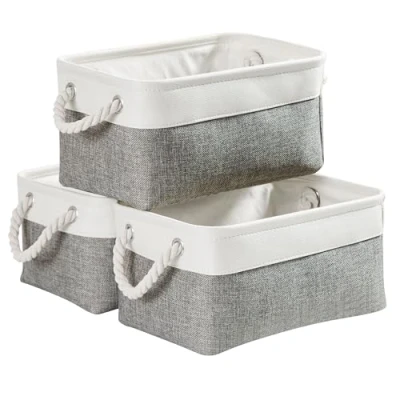 Image de Mangata Panier Rangement Petite, Boite de Tissu rectangulaire Dressing avec poignée pour Jouets, Armoire (Set of 3, Pliable, Gris Blanc)