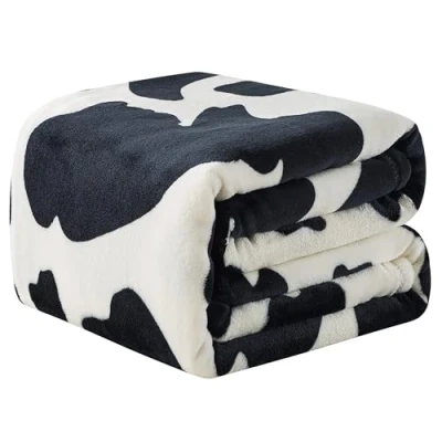 Image de Couverture polaire en flanelle avec imprimé vache pour grand lit Antistatique super douce et confortable, microfibre légère l&#039;hiver, canapé, sofa lit, 230 x 270 cm (motif noire)