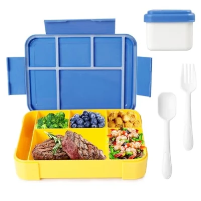 Image de AiQInu Lunch Box Enfant, 1330ml Bento Box, Boite Boîte à Repas avec 5 Compartiments, Anti Fuite Lunchbox, sans BPA, Jaune