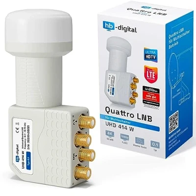 Image de HB DIGITAL Universal Quattro LNB Blanc UHD 4K Full HD DVB S/S2 Facteur de bruit 0,1 dB pour la connexion via multi switch Contacts dorés Protection contre les intempéries