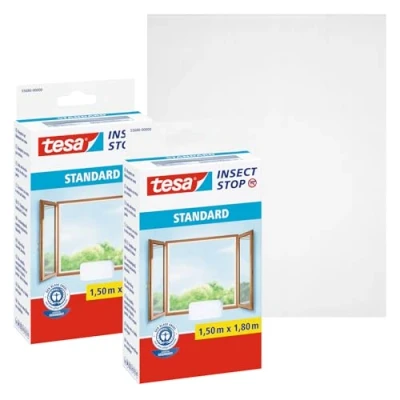 Image de tesa Insect Stop Auto Agrippant STANDARD pour Fenêtres Lot de 2 Filet Anti Moustiques Adhésif Découpable à la Dimension Souhaitée Blanc, 2x 150 cm x 180