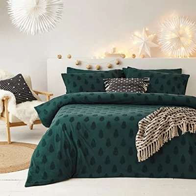 Image de The Linen Yard Ensemble de Couverture Couette d&#039;arbre touffeté, Percale Coton Lin, Pin Vert, Seul