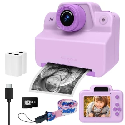 Image de Appareil Photo Instantané, Mini Numérique à Impression Instantanée Enfants avec SD Carte, Exposition Automatique 1080P Caméra Vidéo, Cadeau pour Filles Garçons 3 12 Ans (Violet)