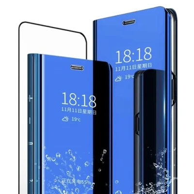 Image de MLOTECH Coque pour Samsung Galaxy S10e,Cover + Protection Écran [2 Pièces] Flip Clear View Translucide Miroir Standing 360Housse étui Antichoc Smart Cover Bumper Bleu Ciel