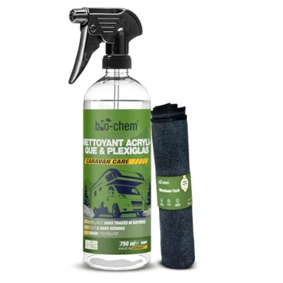 Image de Bio chem Nettoyant vitre acrylique et plexiglas 750 mL + chiffon en microfibres Produit lave pare brise pour caravane, camping car, voiture Nettoyage spray liquide