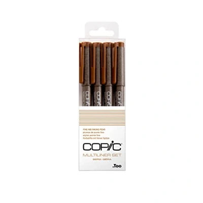 Image de Copic Multiliner Set, Sepia, 4 Fineliner dans différentes épaisseurs de trait, crayons à dessin avec une pointe fine et l&#039;encre pigmentée résistante l&#039;eau