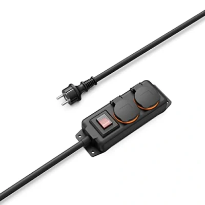 Image de Hama Multiprise Etanche 2 Prises 16A avec Interrupteur (Multiprise Extérieur Rallonge 2m, Bloc étanches IP44 Couvercle, Type F Schuko, 3680W, Idéal Jardin Garage Atelier Chantier) Noir