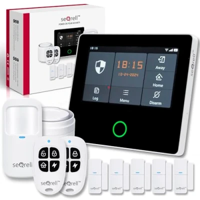 Image de seQrell, Systeme Alarme Maison sans Fil GSM 4G, WLAN, Kit Anti Intrusion, Ensemble de 10 pièces avec écran Tactile et Batterie 1500 mAh. Application Android iOS. SQ4324C