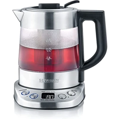 Image de SEVERIN Bouilloire Eau et Thé, 1L, 2 200W, 5 Programmes d&#039;Infusion Préréglés, Température Temps Réglables, Verre/Inox, WK 3473
