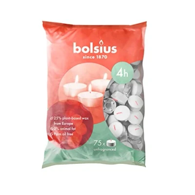 Image de Bolsius D Light Lot de 75 Bougies chauffe plat emballées dans un sachet Durée combustion 4 heures Blanc Sans huile palme d’intérieur décoratives
